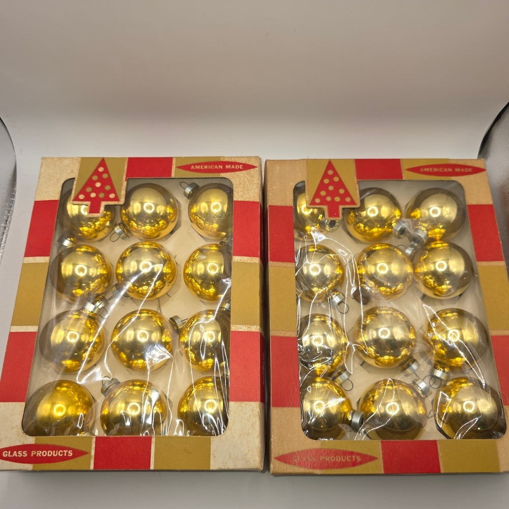 24 Vintage American Made Gold Glass Ball Christmas Ornaments 2 Boxes 12 Each MCM